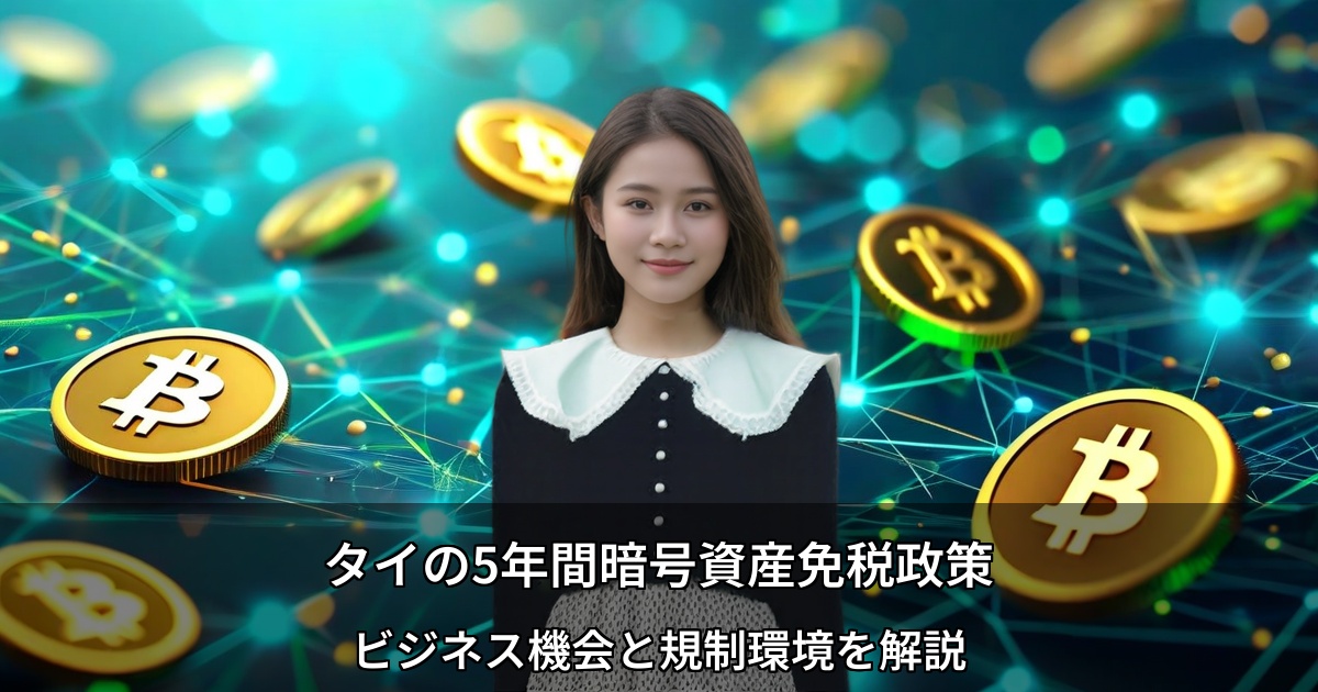 タイの暗号資産免税政策バナー - Bitcoin コインとデジタルネットワークの背景画像