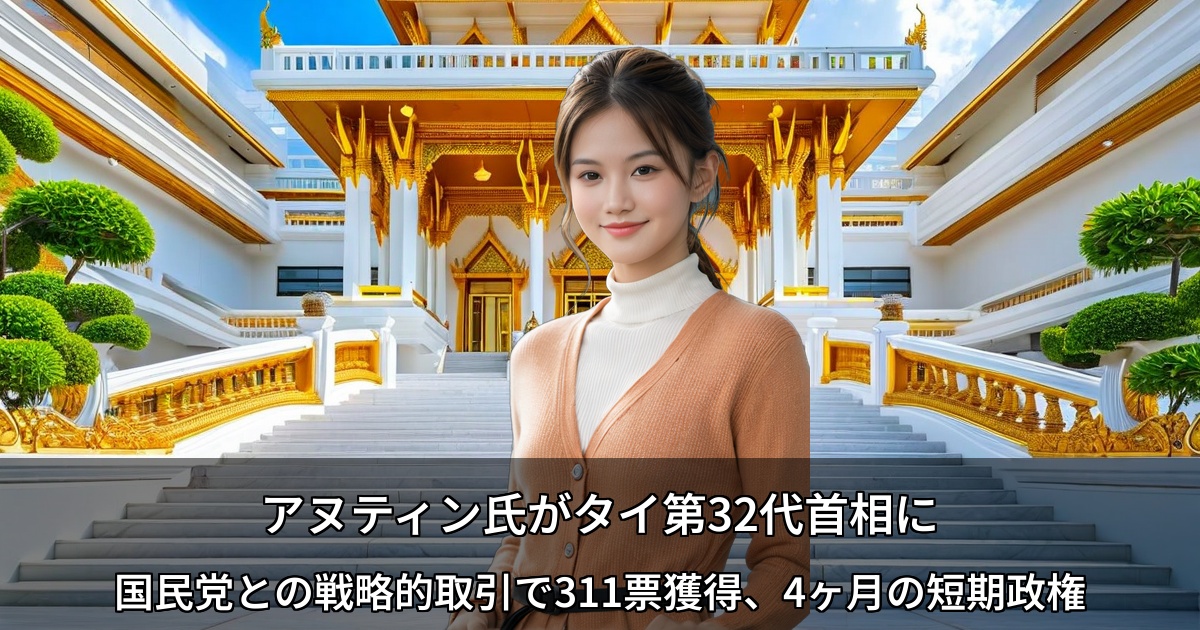アヌティン氏がタイ第32代首相に ～国民党との戦略的取引で311票獲得、4ヶ月の短期政権～