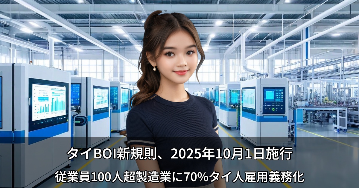 タイBOI新規則、2025年10月1日施行 ～従業員100人超製造業に70%タイ人雇用義務化