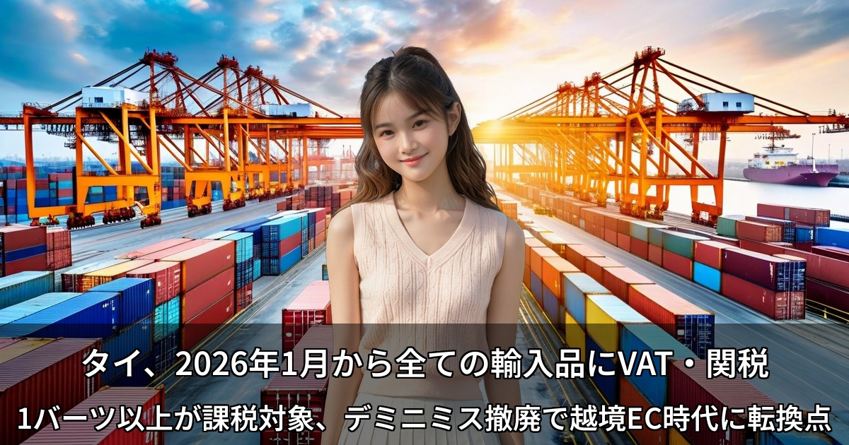 タイ、2026年1月から全ての輸入品にVAT・関税 ～1バーツ以上が課税対象、デミニミス撤廃で越境EC時代に転換点～